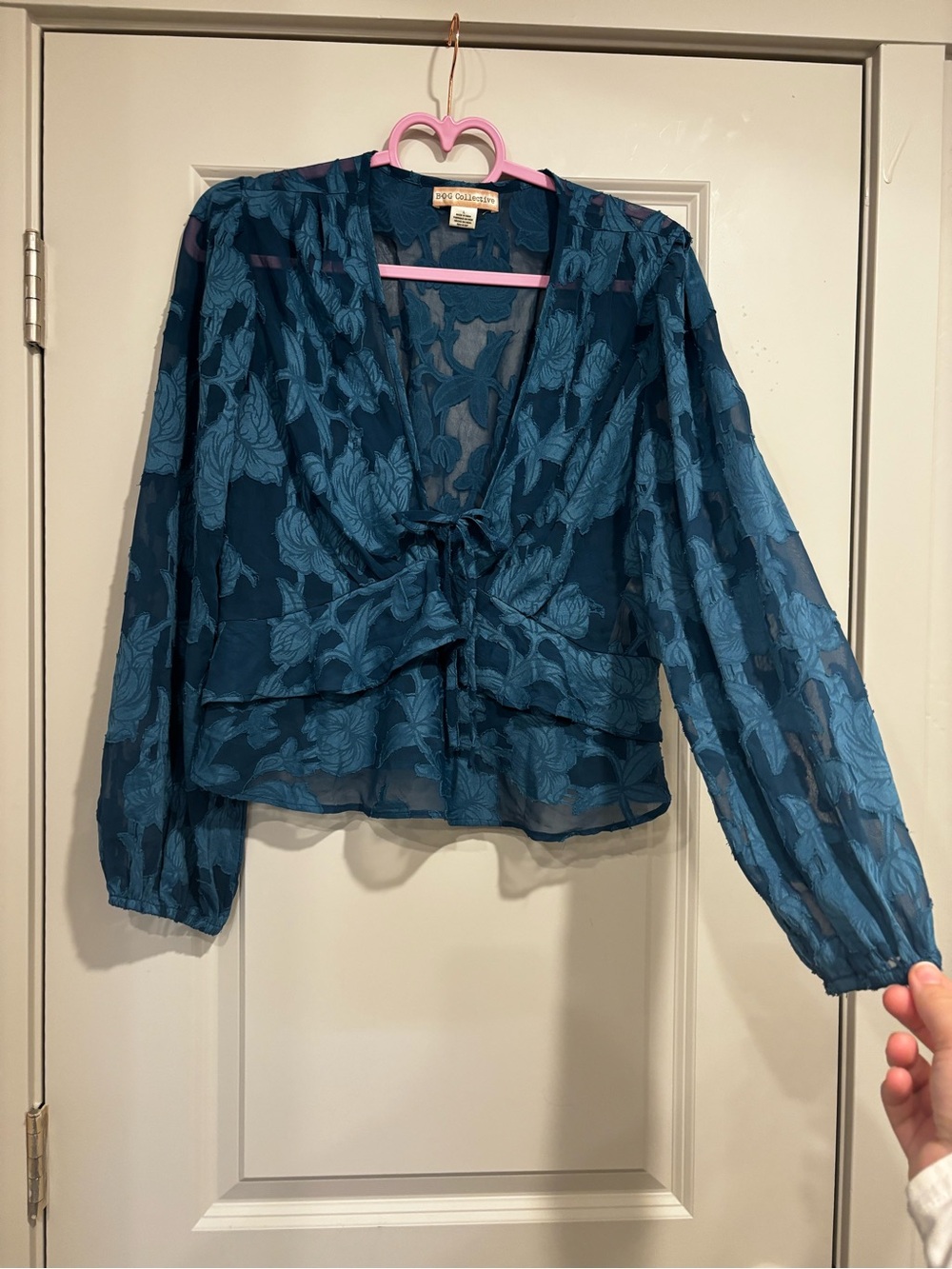 Seafoam Blue Floral Sheer Tie-Front Blouse